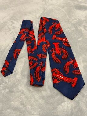 Navy Blue Tie with Red Lobster Print - Men Fun Tie: Lobster Boil Party Wear